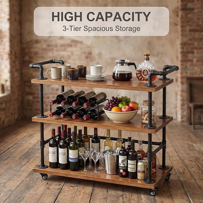 Industrial Pipe Bar Carts, Solid Wood Serving Carts, Rolling Kitchen Carts | Heavy Duty Wine Rack Carts on Wheels with Shelves and Handles, Tea Liquor Shelves/Holder, Bar Furniture for Home