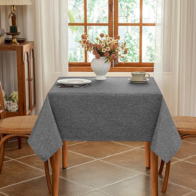Seenus Faux Linen Fabric 52 x 52 Inch Square Grey Tablecloth Textured Water Resistant & Washable Card Table Cloth Anti-Scratch for Dining Kitchen Patio