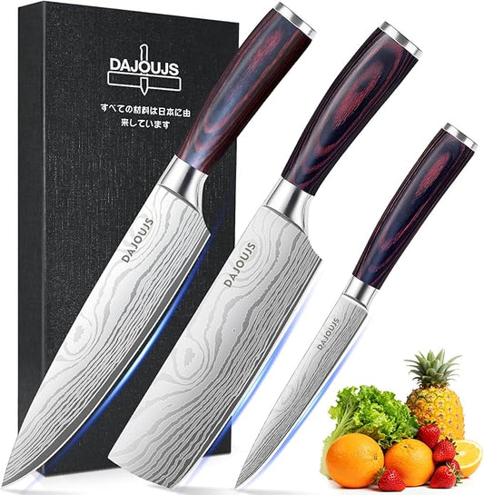 3-Piece Kitchen Chef Knife Set - 8" Chef Knife & 7" Nakiri Knife & 5" Utility Knife, Professional High-Carbon Stainless Steel Ultra Sharp Knives with Ergonomic Wood Handle & Gift Box for Cooking