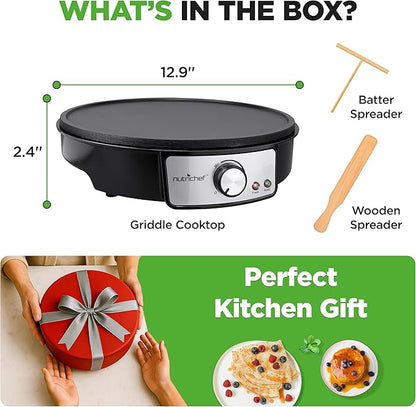 Nutrichef Electric Crepe Maker & Griddle Cooktop - Nonstick 12 Inch Aluminum Hot Plate with LED Indicator Lights & Adjustable Temperature Control - Wooden Spatula & Batter Spreader Included