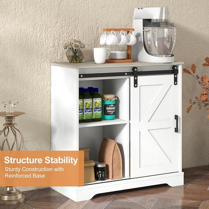 Panana Sliding Barn Door Buffet Sideboard Storage Cabinet Coffee Bar Kitchen Farmhouse Style (White Cabinet Nature Top)