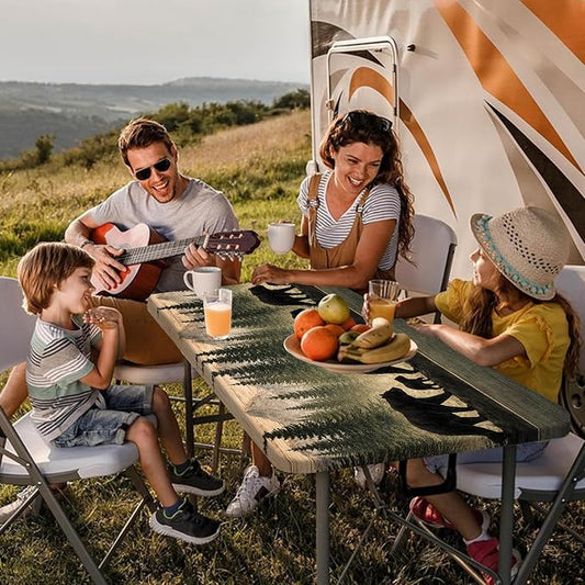 Picnic Table Cover with Bench Covers and Bag, Forest Mountain Bear Wooden Waterproof Windproof, Fitted Tablecloth Cover with Elastic Edge, for Indoor & Outdoor, Garden, Camping, 3 PCS 30x96 Inch