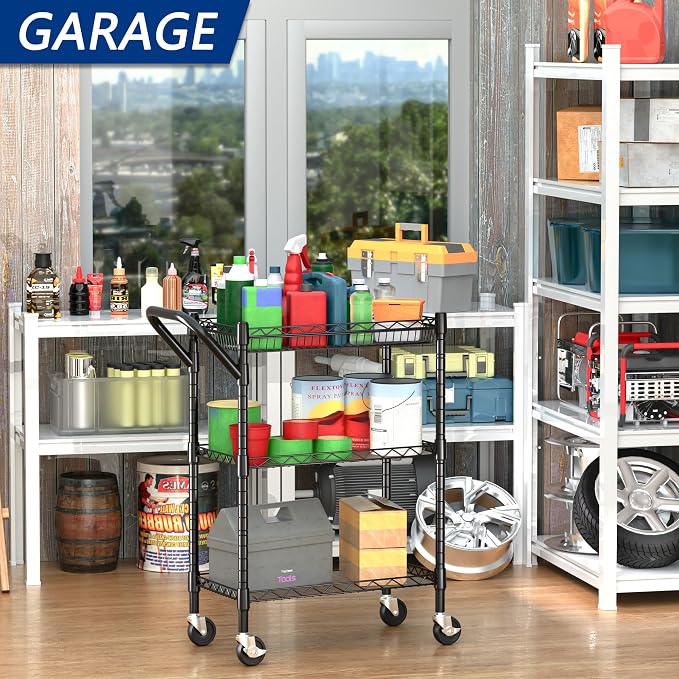3 Tier Heavy Duty Rolling Utility Cart,18" D x 23.8" W x 36.6" H Rolling Carts with Wheels,Commercial Grade Metal with Handle Bar & Shelf Liner,Trolley Serving Storage Cart for Kitchen Black