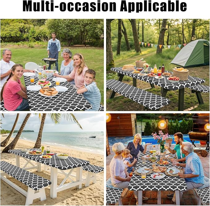 Smiry Picnic Table Cover with Bench Covers, Waterproof Elastic Fitted Tablecloth for 5 Foot Tables, Washable Polyester Tablecloths for Camping, Indoor & Outdoor (Dark Grey, 30x60 Inch 3-pc Set)