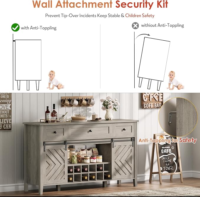 CABIHOME Farmhouse 47.2'' Buffet Cabinet with Sliding Barn Door, 33.4'' Tall Wood Rustic Sideboard with 3 Drawer, Adjustable Shelf and Removable Wine Rack (Vintage, 59'')