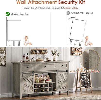CABIHOME Farmhouse 47.2'' Buffet Cabinet with Sliding Barn Door, 33.4'' Tall Wood Rustic Sideboard with 3 Drawer, Adjustable Shelf and Removable Wine Rack (Vintage, 59'')