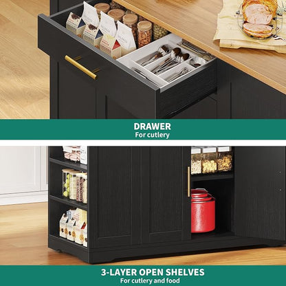 YITAHOME 53 Inch Movable Kitchen Island with Trash Can Storage Cabinet | Portable Mobile Islands with Wheels for 13 Gallon Garbage Bin, Black