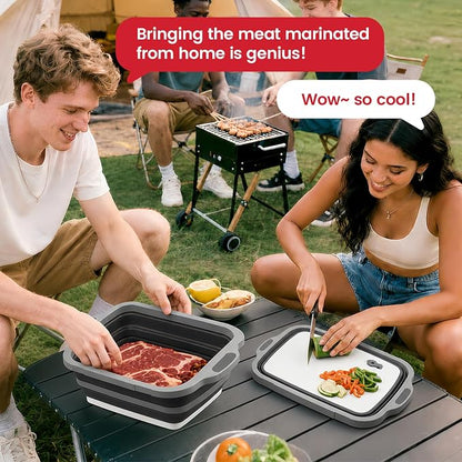 BBQ Prep Tub,8L Foldable Cutting Board with Locking Lid for Camp, Black | Collapsible Meat Tray, Deep Capacity, Mess-Control Rim, For Backyard Chefs, Tailgate Prep, Camps, Family Outdoor Cookouts