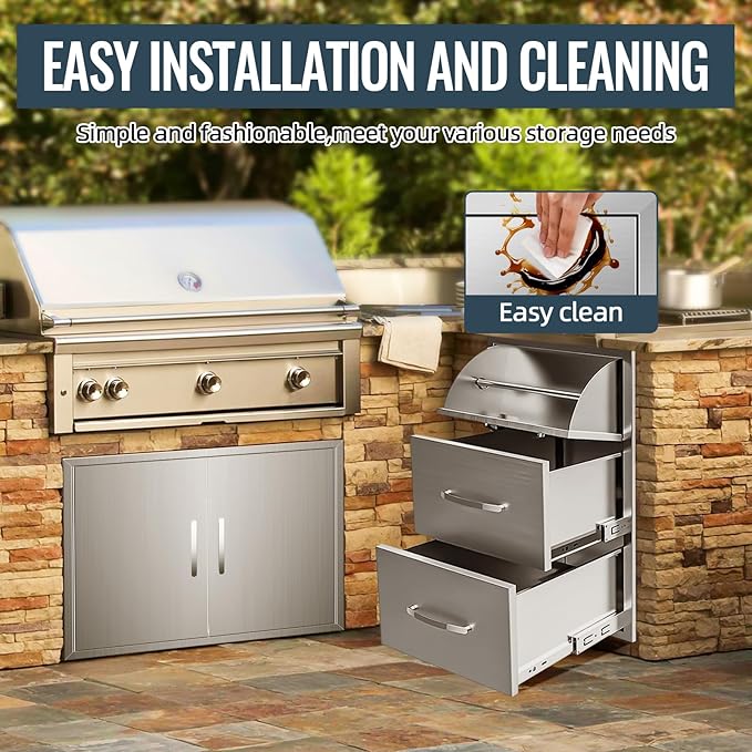 Outdoor Kitchen Drawer 17 x 30 inch Flush Mount BBQ Layer Drawer, Durable Stainless Steel Kitchen Drawer Outdoor Kitchen Access Drawer for BBQ Island Patio