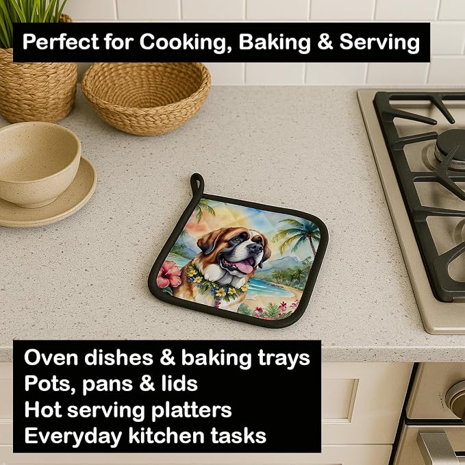 Caroline's Treasures Saint Bernard Luau Pair of Pot Holders Kitchen Heat Resistant Pot Holders Sets Oven Hot Pads for Cooking Baking BBQ, 7 1/2 x 7 1/2