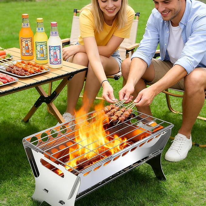 Portable Charcoal Grill, Stainless Steel BBQ Grill – 9x10x17 inch Folding Firepit Grill for Camping, Backyard, Picnic & Outdoor Cooking