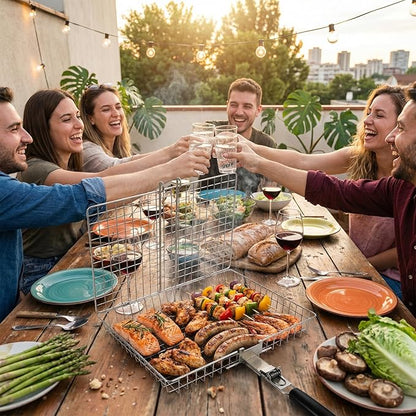Grill Basket for Outdoor with Removable Handle,Stainless Steel BBQ Camping Cooking Accessories Tools for Meat Steak Fish Vegetable Shrimp, Gifts for Men Dad Husband