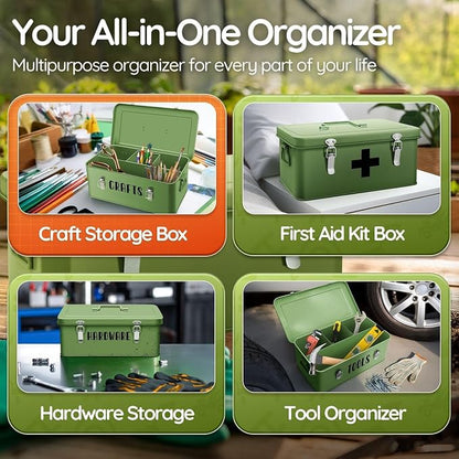 Flexzion 12-Inch Metal Seed Storage Box with Lid, 4 Compartments, Green | Seed packet organizer with dual latches and carry handles for gardening supplies, tools, crafts and household essentials
