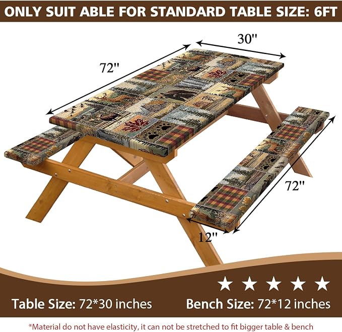 Picnic Table Cover with Bench Covers 6FT 3PCS, Camping Essentials, Fitted Camping Tablecloth Waterproof with Elastic Edge for Indoor Outdoor Patio, 96in, Brown