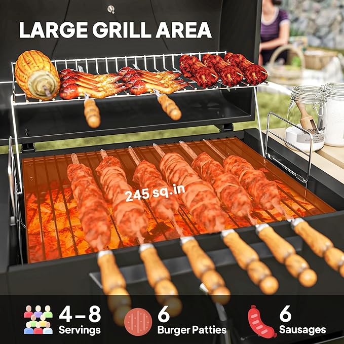 Charcoal BBQ Grill, Outdoor Grill with Thermometer & Storage Shelves