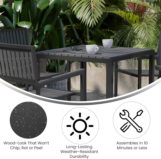 Flash Furniture Poly Resin Indoor/Outdoor Seating, Black, 5-Piece Set | Table and 4 Chairs, Commercial Grade, Indoor/Outdoor Use