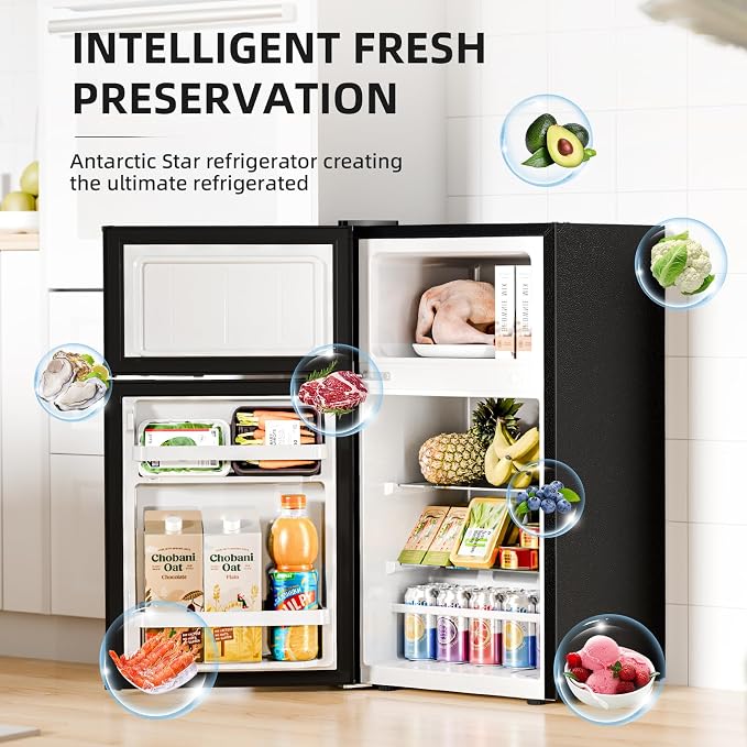 Antarctic Star Compact Mini Fridge with Freezer,Double Door with Adjustable Thermostat,Small Fridge Removable Shelves for Dorm/Office,2.5 Cu.Ft,Black