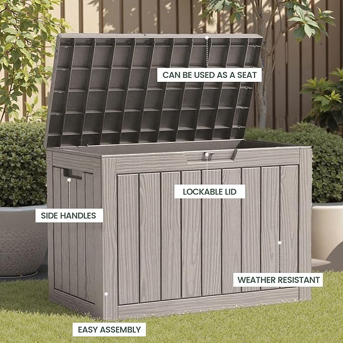 45 Gallon Outdoor Storage Box, Waterproof Resin Deck Box with Side Handles, Lockable Outdoor Bench for Indoor & Outdoor Use, Storage Bin for Patio Cushions, Garden Tools, Khaki