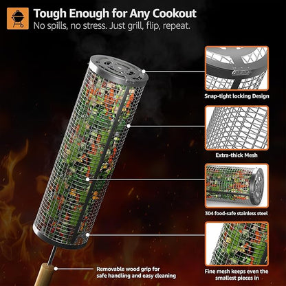 Sorbus Rolling BBQ Basket for Outdoor Grill - Stainless Steel Large Folding Barbecue Grilling Basket with Handle, Portable BBQ Accessories for Fish, Shrimp, Vegetables, Grilling Accessories, Gifts for Outdoor Cooking Camping (Round 2 Pack)