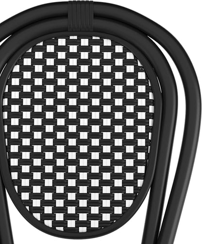 Flash Furniture Lourdes Indoor/Outdoor Commercial Thonet Bistro Stack Chair - Black/White PE Rattan Back and Seat - Black Metal Frame