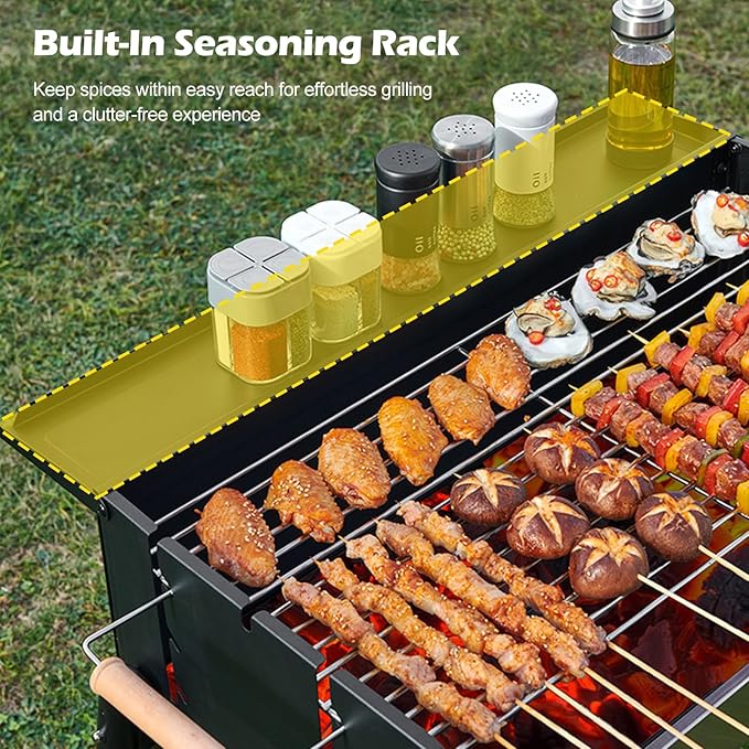 Ergocar Charcoal Barbecue Grill - Foldable No Assembly Required Thickened Stainless Steel Windproof Three-Level Temperature Control, Built-In Seasoning Tray, Suitable For Five Or More Persons
