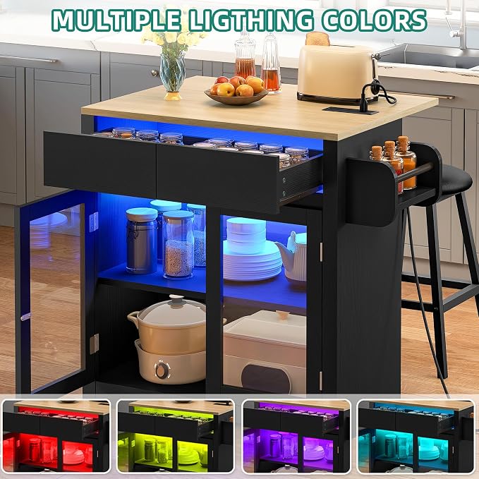 YITAHOME Rolling Kitchen island with Seating and LED Lights, Mobile Storage Islands with Drop Leaf, Dining Table with Power Outlet, 2 Drawers and Soft Stools, Spice/Towel Rack, Lacquered Finish, Black