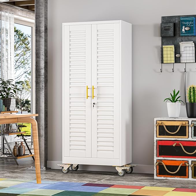 winiowa 71" Tall Metal Garage Storage Cabinet with Wheels, Steel Locking Rolling Tool Cabinet with 4 Adjustable Shelves for Garage,Home,Office (White)