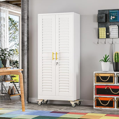winiowa 71" Tall Metal Garage Storage Cabinet with Wheels, Steel Locking Rolling Tool Cabinet with 4 Adjustable Shelves for Garage,Home,Office (White)