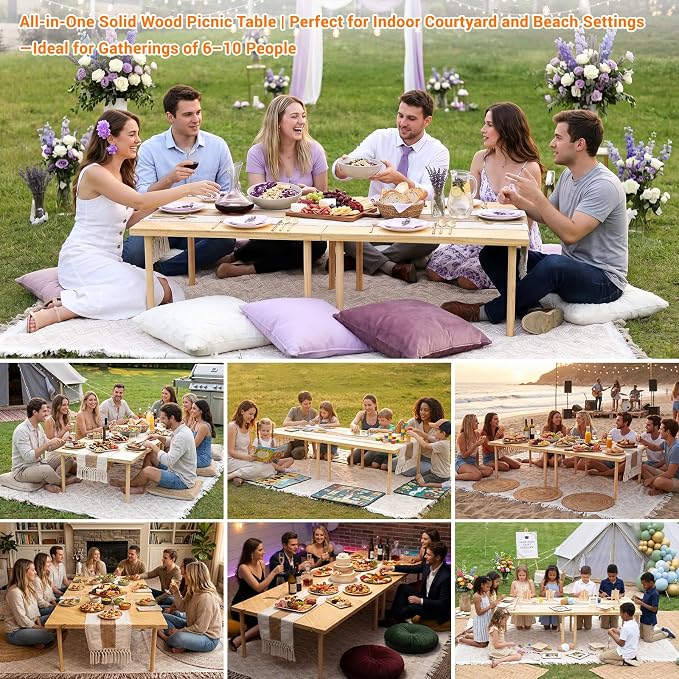80"x30" Portable Boho Wooden Low Folding Picnic Table for Indoor Outdoor | Comes with Table Runner, Stable 8-leg Support & Thickened Structure, Thick Painted Tabletop Easy to Wipe, Fits 8-12 People