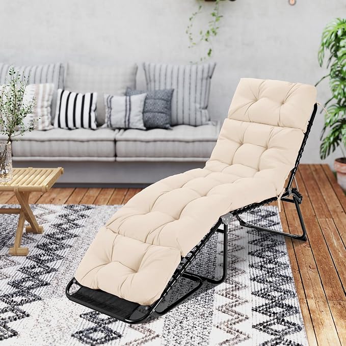Tangkula Chaise Lounge Cushions Outdoor, 73 x 22 Inch Patio High Back Recliner Cushion with 4 String Ties, 4” Thick Padded Lounge Chair Cushion Replacement for Outdoor Indoor Furniture (1, Beige)