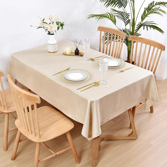 Wolkemer Faux Linen Rectangle Tablecloth Heavy Duty Wrinkle Resistant Fabric Table Cloths 60 x 84 Inch Beige Farmhouse Oblong Table Cover for Kitchen Dining Indoor Outdoor Tabletop Decoration