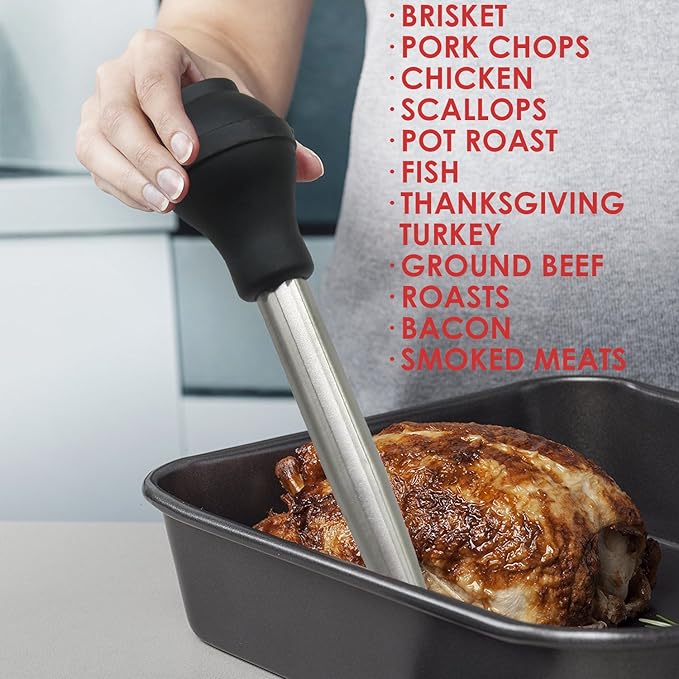 Best Utensils Stainless Steel Turkey Baster Commercial Grade Quality Silicone Bulb Including 2 Marinade Injector Needles And Brush For Easy Clean Up