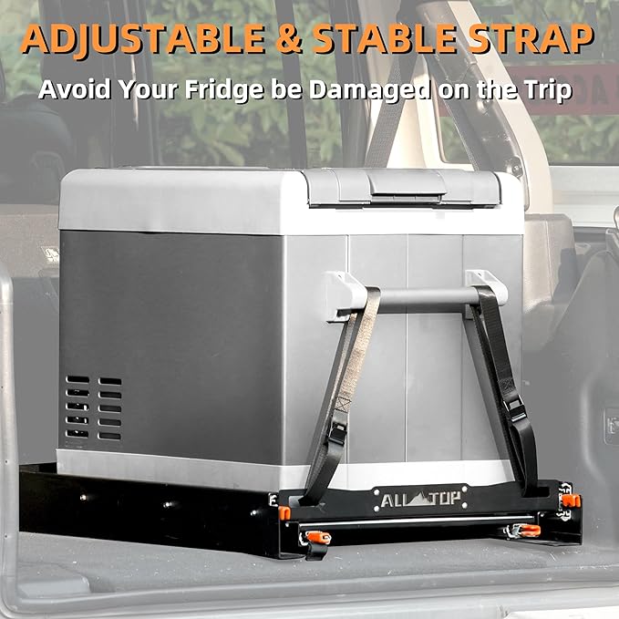 ALL-TOP Fridge Slide with Chopping Board, Inner 39.2 x 22.4in, Vehicle Refrigerator Slider with 4 Buckle Straps, Max 287 LBS, 3rd Gen