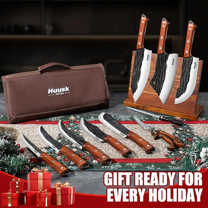Huusk Butcher Knife Set, 10-Piece Hand Forged Chef Knife Set with Bag, Sharp Meat Cleaver & Bbq Carving Knives & Boning Breaking Knives for Kitchen & Camping, Fathers Day Gift for Men
