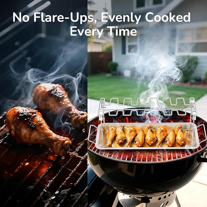 G.a HOMEFAVOR 14-Slot Chicken Leg Rack for Grill & Wings - Premium Stainless Steel Foldable Roasting Rack with Detachable Drip Pan, Dishwasher-Safe BBQ Accessories for Oven, Grill, Camping, Parties