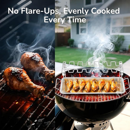 G.a HOMEFAVOR 14-Slot Chicken Leg Rack for Grill & Wings - Premium Stainless Steel Foldable Roasting Rack with Detachable Drip Pan, Dishwasher-Safe BBQ Accessories for Oven, Grill, Camping, Parties