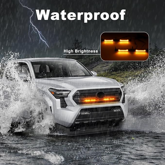 LED Grill Lights - 4PCS Front Grill Lights for Toyota Tacoma SR SR5 2024 2025 2026 with Fuse Adapter & Harness (Amber Light with Smoked Shell)
