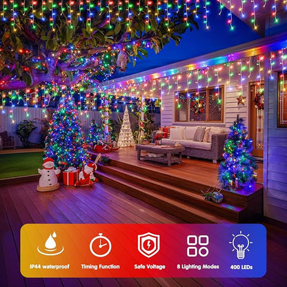 JMEXSUSS Multicolor Icicle Christmas Lights with Remote, 400 LED 38.8Ft | Connectable String Lights Outdoor Plug in, 8 Modes Icicle Lights for Outside Christmas House Yard Patio Eave Decorations