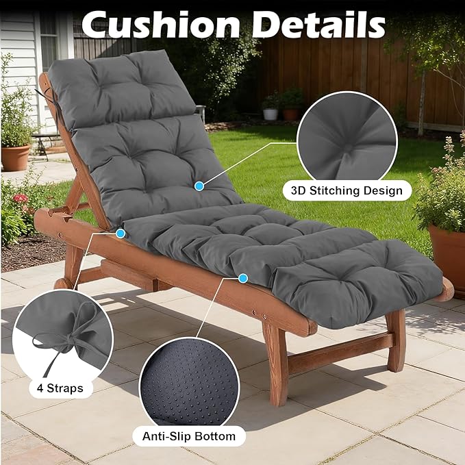 Chaise Lounge Cushions Outdoor, Waterproof & Fade Resistant Patio Lounge Chair Cushions for Outdoor Furniture, Chaise Cushion with Ties for Patio, Pool, Lawn and Beach, 75.1x22.8x4.7 Inch, Dark Grey