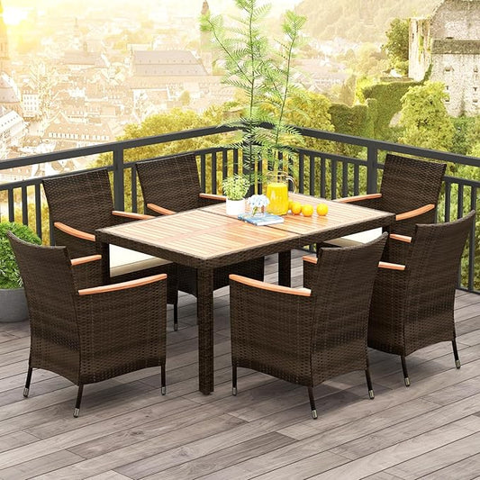 COSTWAY 7-Piece Patio Dining Set for 6, Outdoor Rattan Wicker Table and Chairs Furniture Set with Umbrella Hole, Acacia Wood Tabletop for Backyard, Balcony, Poolside, Brown & Beige