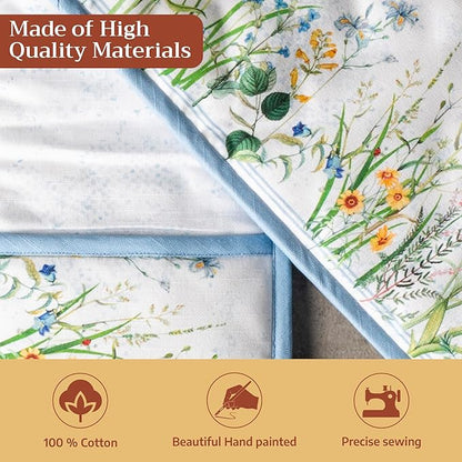 Maison d' Hermine Double Oven Mitts 100% Cotton 7"x35" Double Oven Mitt Heat Resistant BBQ Cooking Gloves with Loop Baking Grilling Kitchen Hotel Home Farmhouse Spring Summer (Fleurs De Mai)