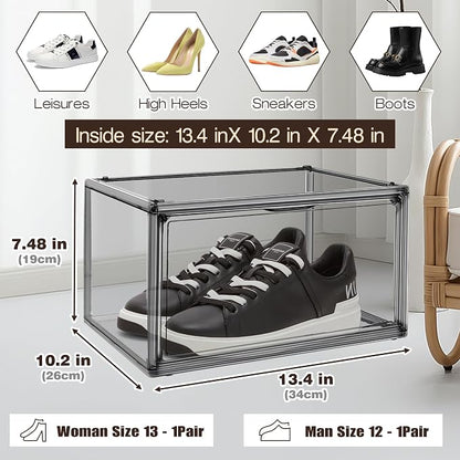 10 Pack Black Stackable Shoe Boxes, Space-Saving Everyday Sneaker Storage | Size 12, SPACE-SAVING STACKABLE DESIGN – Build upward to organize shoes while using less closet, shelf or floor space.