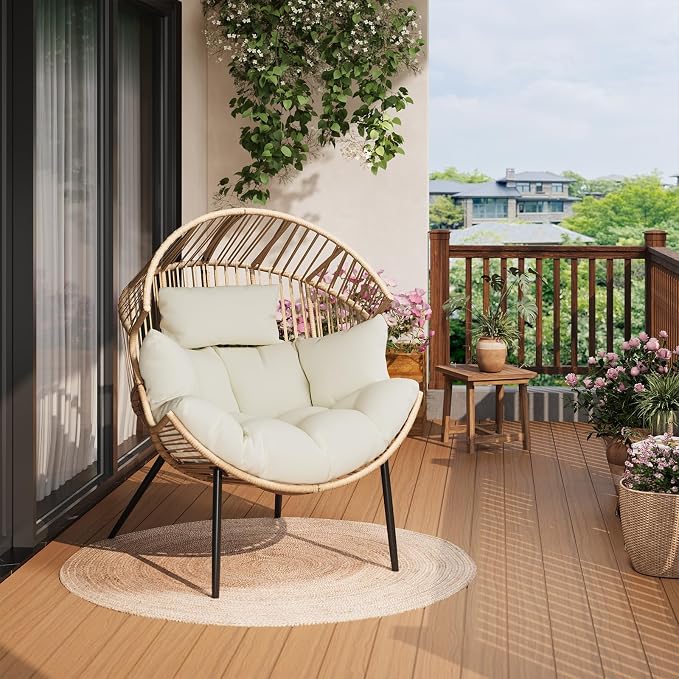 Garvee Outdoor Wicker Egg Chair with Extra-Soft Pillow and Thick Cushion | Oversized Ergonomic Rattan Lounge Rocker for Outdoor & Indoor, Living Room, Backyard & Garden – Cream Cushion, Wicker Frame