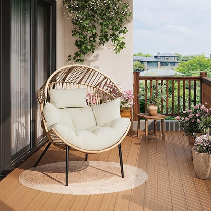 Garvee Outdoor Wicker Egg Chair with Extra-Soft Pillow and Thick Cushion | Oversized Ergonomic Rattan Lounge Rocker for Outdoor & Indoor, Living Room, Backyard & Garden – Cream Cushion, Wicker Frame