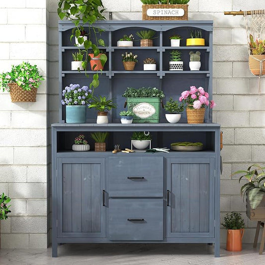 Merax 45.3" Large Outdoor Fir Wood Potting Bench with Storage, Multi-Functional Patio Kitchen Island with 6-Shelf Hutch+2 Cabinets+2 Drawers+3 Hooks, Garden Workstation for Planting, Gardening, Gray