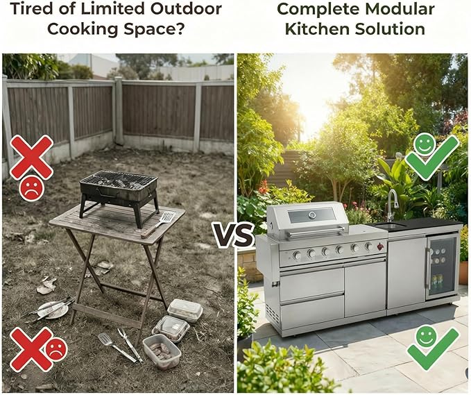 84" Modular Outdoor Kitchen Island, 4-Burner 75,300 BTU BBQ Island with Side Burner, Integrated Sink & Refrigerator, Side Prep Shelf, NG Conversion Kit, for Backyard and Patio Cooking, Silver