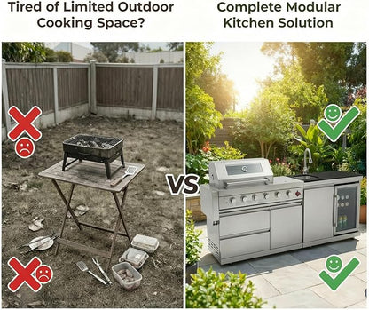 84" Modular Outdoor Kitchen Island, 4-Burner 75,300 BTU BBQ Island with Side Burner, Integrated Sink & Refrigerator, Side Prep Shelf, NG Conversion Kit, for Backyard and Patio Cooking, Silver