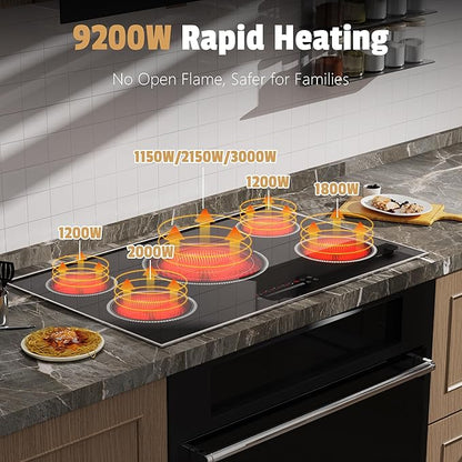 36 Inch Electric Cooktop, 5 Burner Stove Top with Slide Control, 9200W Electric Stove with Child Lock, Timer & Pause Function 36" Glass Cooktop, 220V Hard Wire(No Plug)