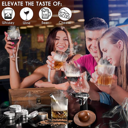 Bourbon, Whiskey Smoker Kit - Cocktail Smoking Kit with Butane Torch, Smoke Top, Whiskey Stones - Apple, Cherry, Oak, Walnut Wood Chips - Premium Wooden Box. No Butane