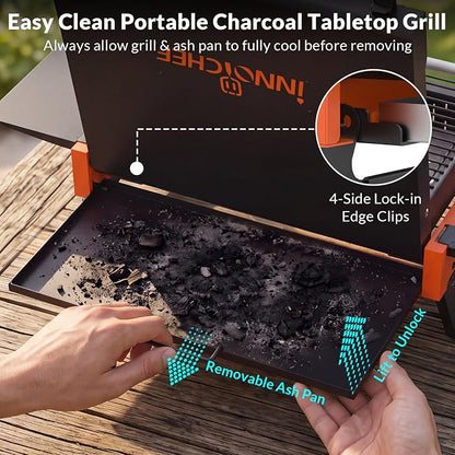 Portable Charcoal Grill, Foldable Tabletop BBQ Grill for 2-4 People | Fold-Flat Camping Grill, Removable Ash Pan, Side Shelves, Locking Lid for Backyard, Patio, Tailgating & Outdoor Cooking